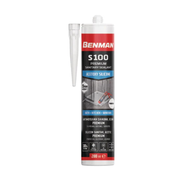 Σιλικόνη αντιμουχλική όξινη Premium S100 Λευκή 280ml BENMAN 73178